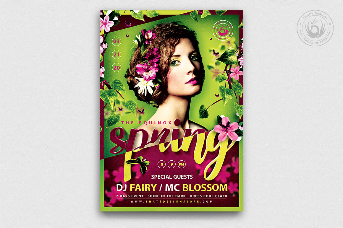 spring Equinox party season seasonal green flyer poster template garden