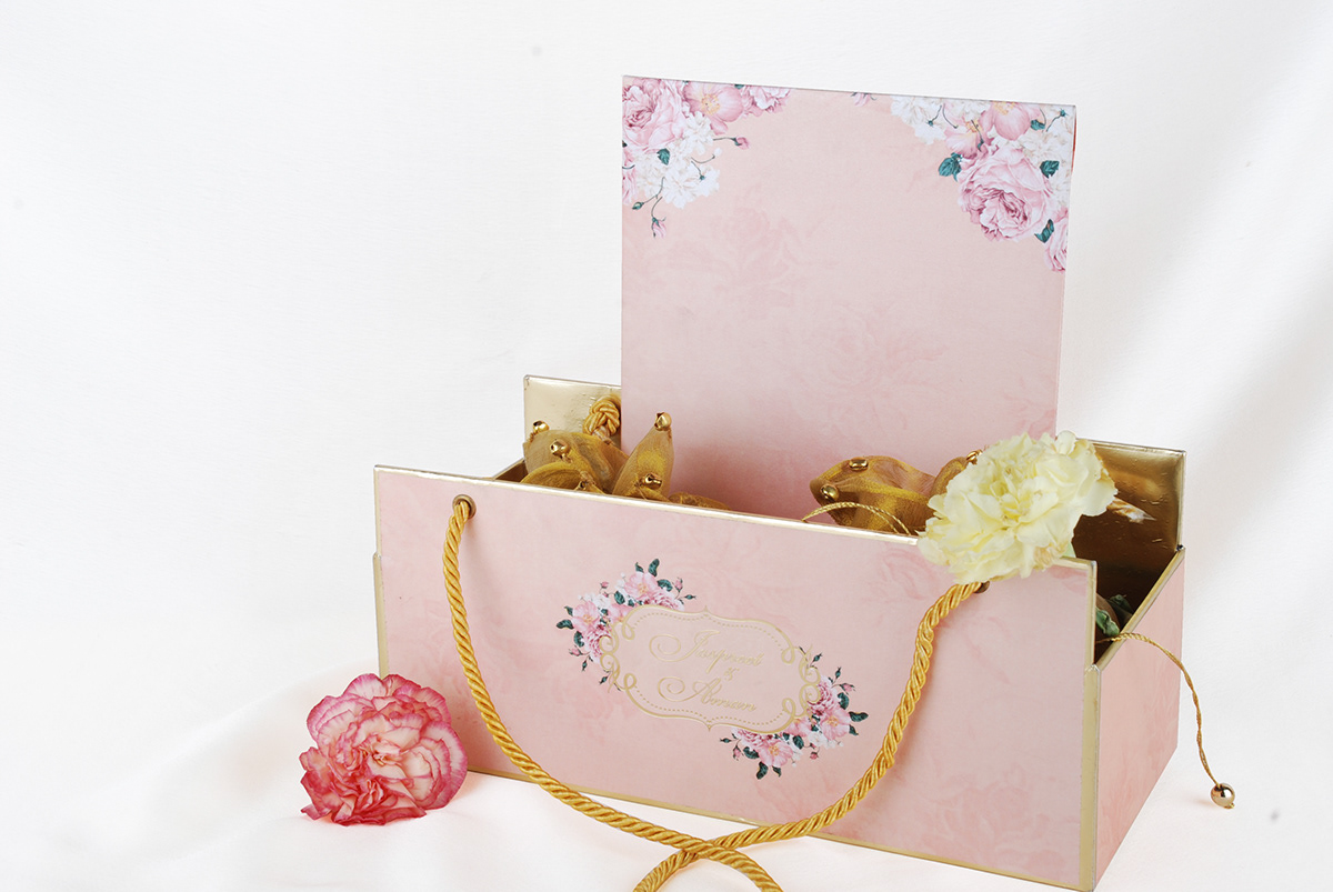 indian wedding invitations peach floral bespoke basket exquisite goldleaf GoldFoil