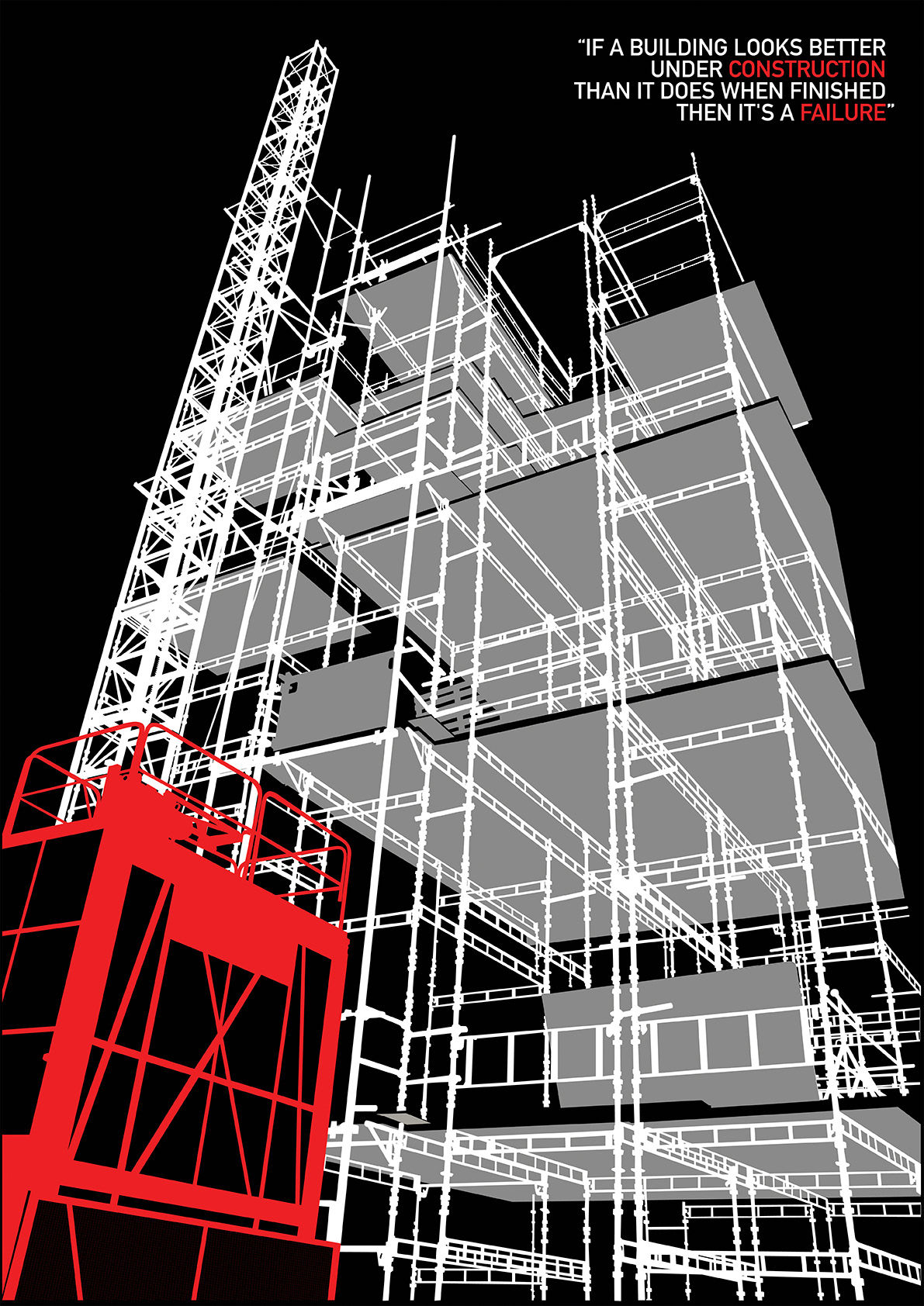 poster black and white Silhouette building elevator construction red box