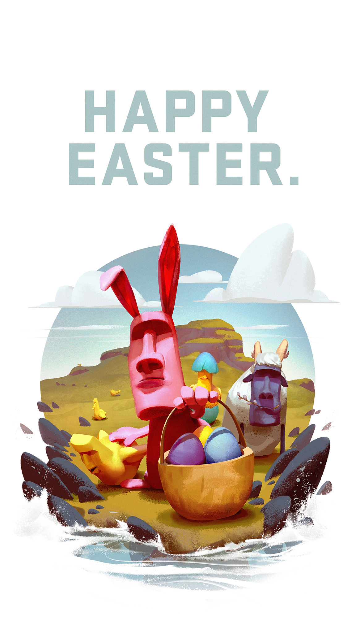 Easter happy easter island bunny chicken lamb greetings card