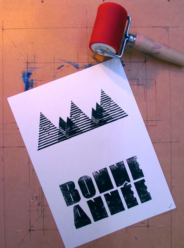new year linocut typography   postcard graphic design 