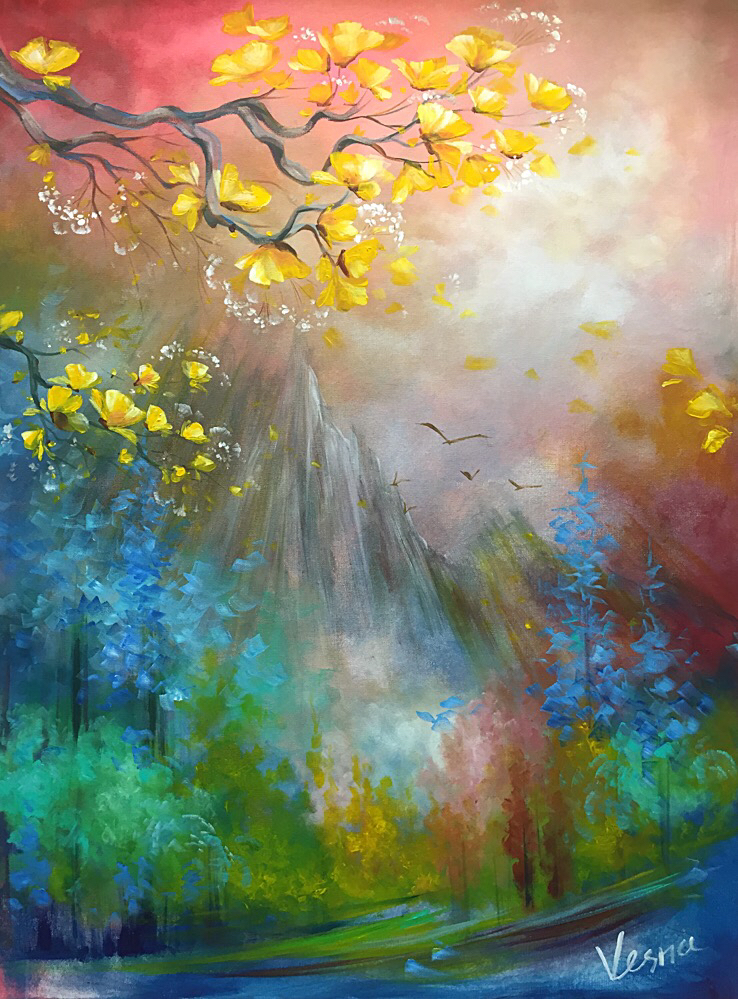live art music inspired motivational Nature imagination spontaneous Beautiful impression birds freedom trees blossoms Landscape mountains path Dew MORNING fog
