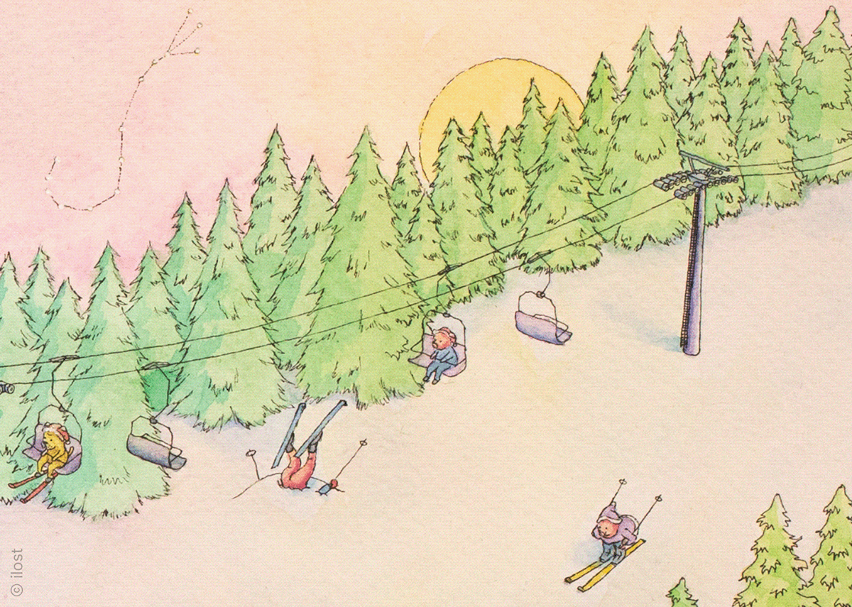family ILLUSTRATION  pig resort Ski snowboard spaceship vacation watercolor