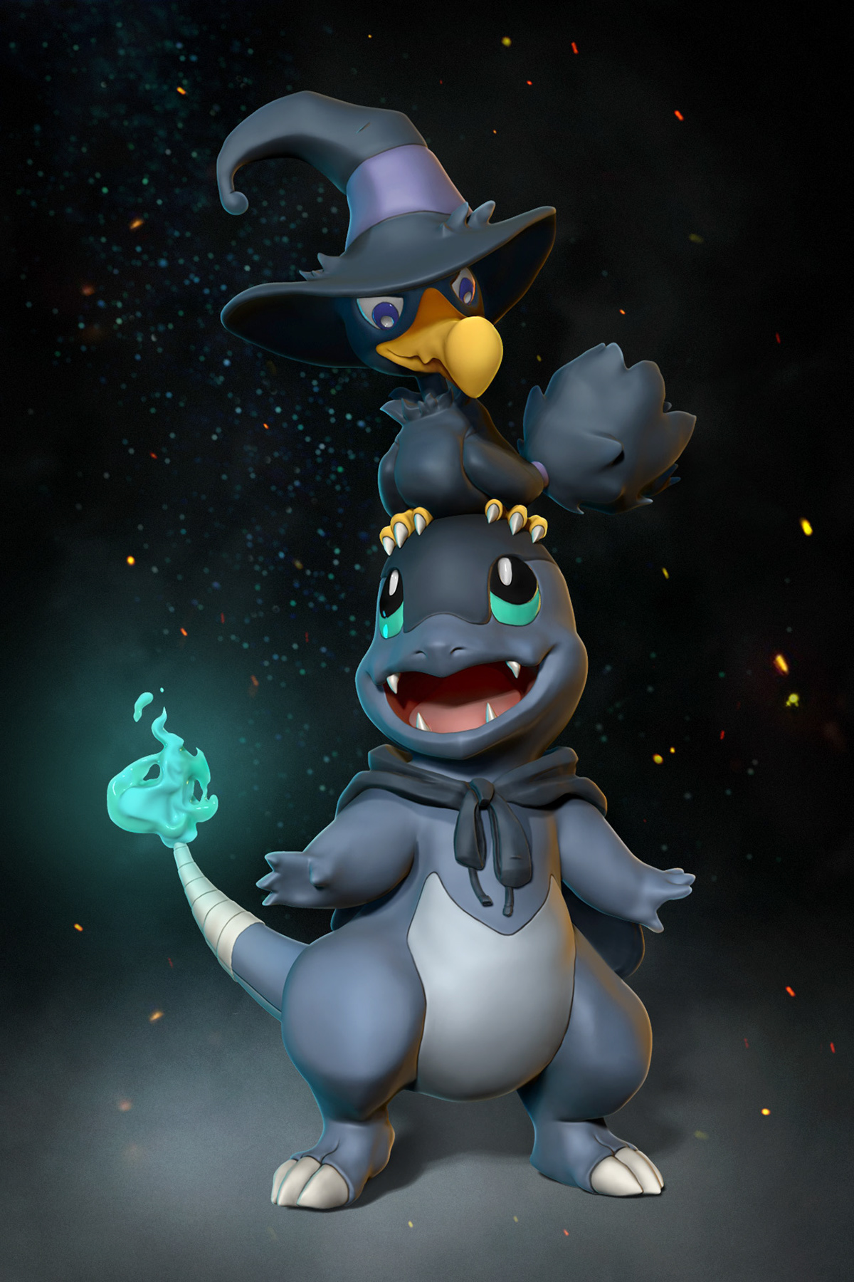 3dart Charmander cute fanart ghost hallowee Murkrow Pokemon spooky ポケモン