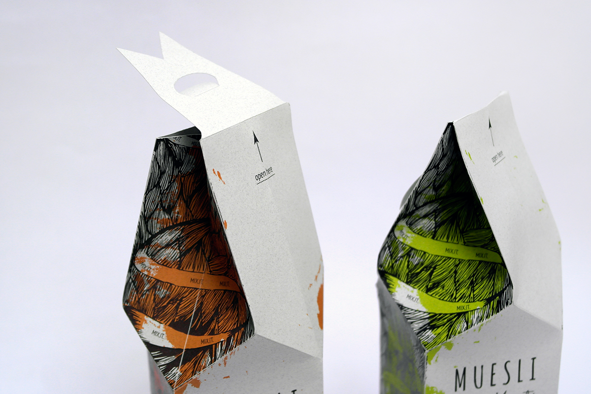 muesli healthy brand Czech rebranding eco breakfast bars packs box chocolate goji sketch MixIt Food 