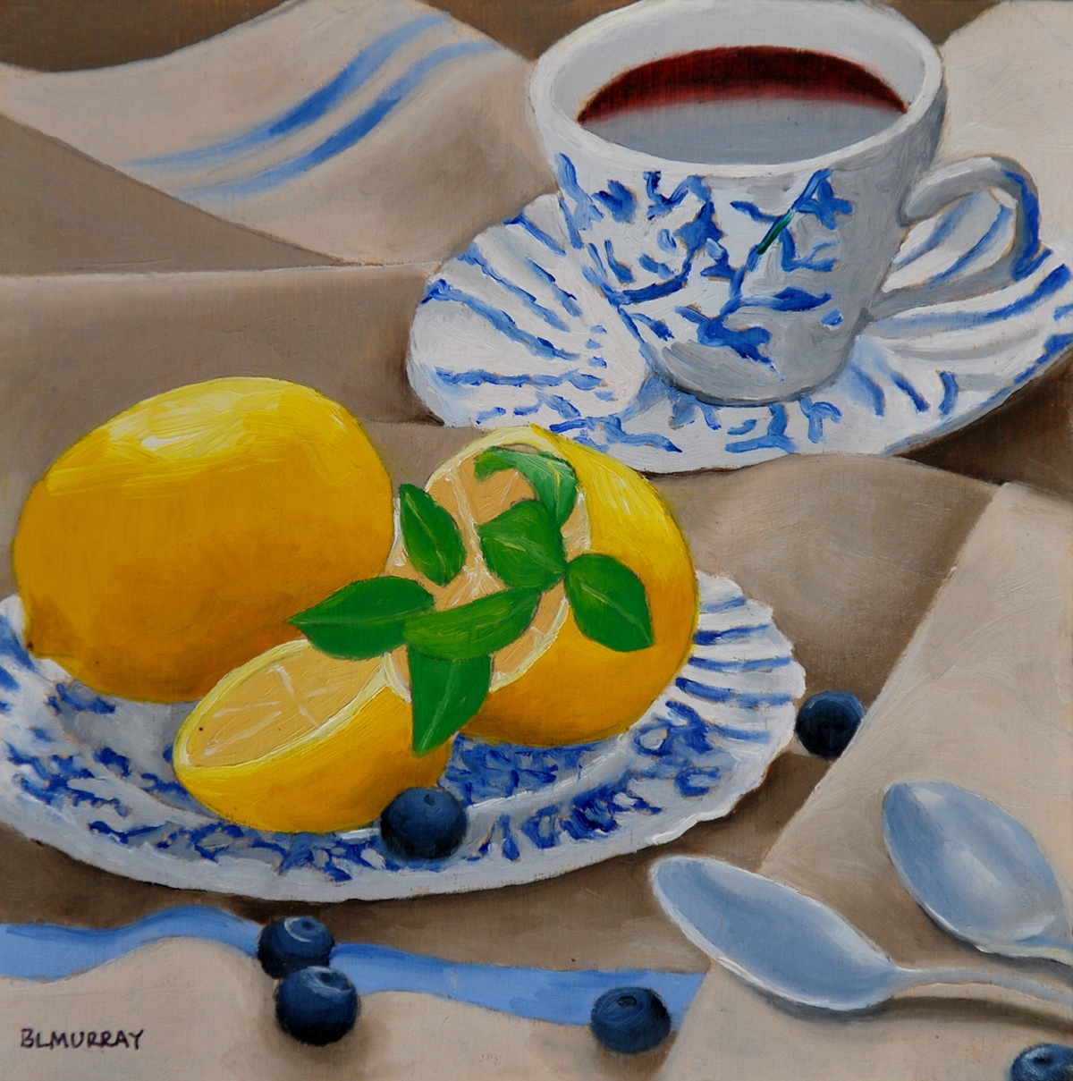 Blue Plate lemons blueberries Oil Painting