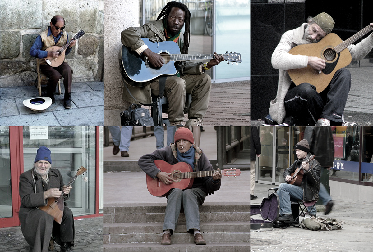 Street musician graphic identity World Music Europe austria germany france Character illust card