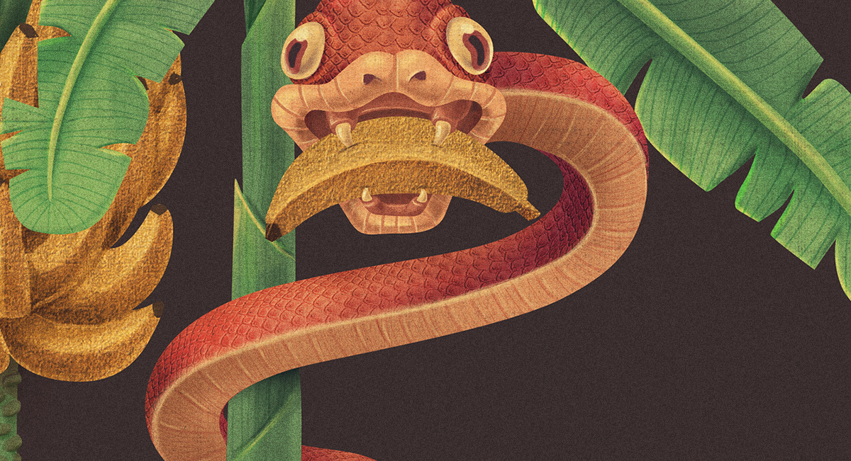 Tropical party poster snake serpent eden banana jungle Retro ILLUSTRATION 