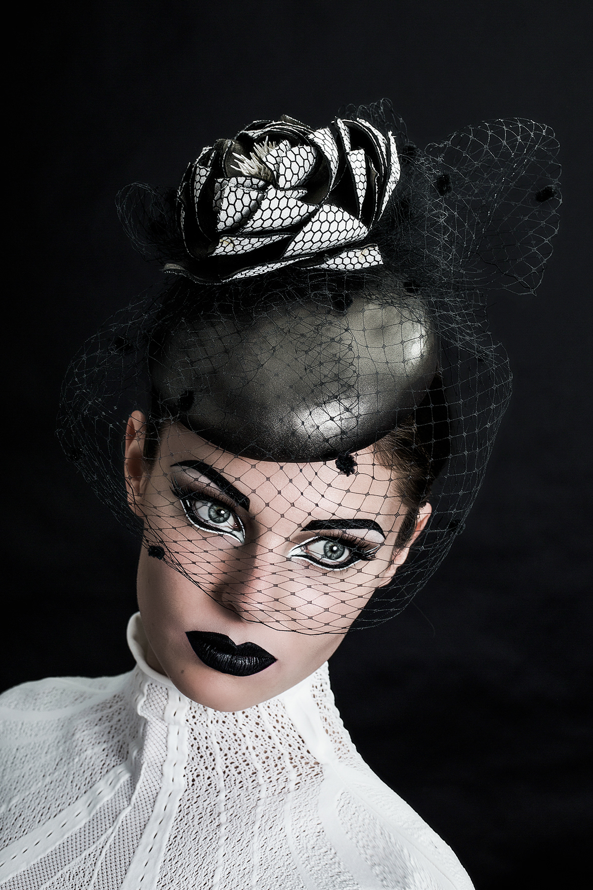 styling  monochrome black lips graphic makeup romantic dream millinery couture millinery