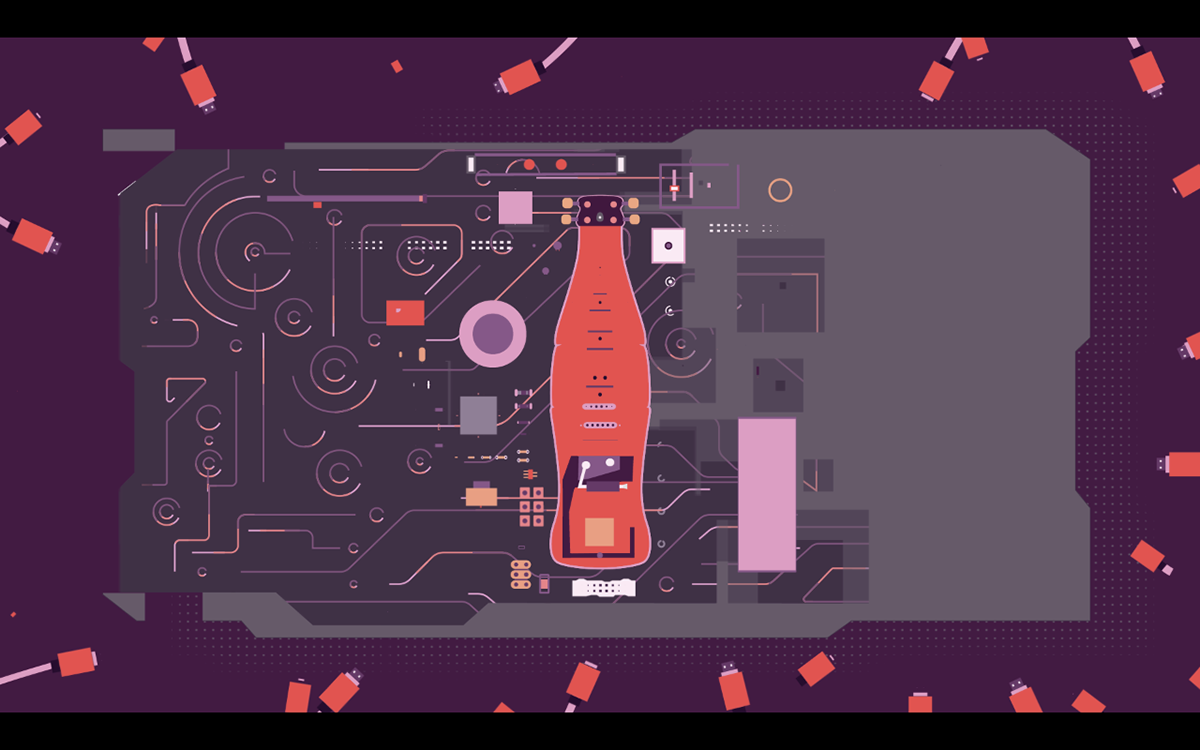 Coca-Cola Music Instruments circuit board mechanism jazz purple orange Contour Bottel vector MYMASHUPCOKE Glassfin 2d Illustration after effects coke