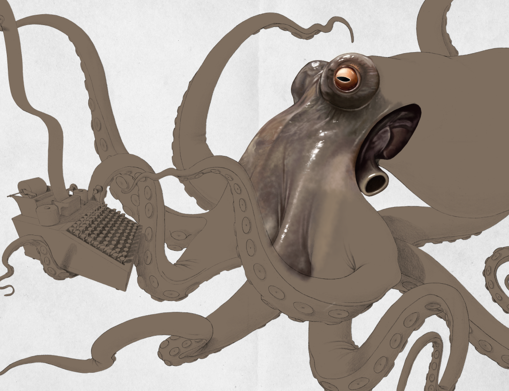 octopus sea tentacle animal typewriter grey mathematics numbers warer shiny wet pencil digital photoshop