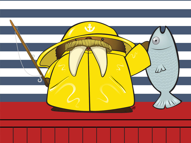 Cute, Funny Cartoon Art of a Walrus in a Yellow Raincoat Proud of the Fish that he Caught by Ellie.