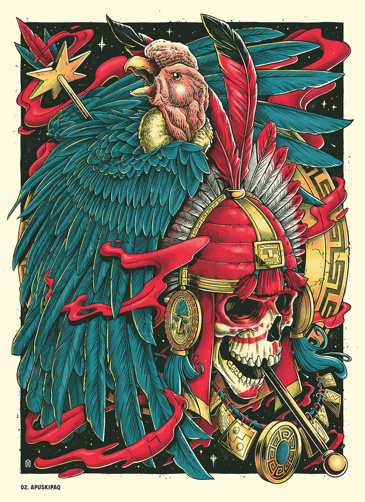 art aztec ILLUSTRATION  inca mayan native american screenprint serigrafia skull warrior