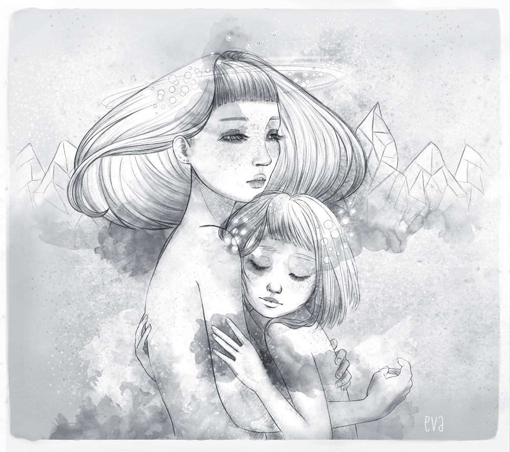 cosmic digital illustration b&w black and white ink watercolor personal project Embrace sweetness girls Love emotive eva aleph Poetry 