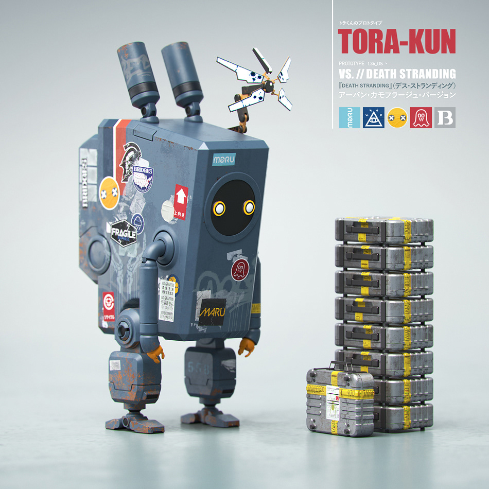 robot is lost Tora Kun vs. Death Stranding robot Art Toy concept urban camo mecha with cargo stack