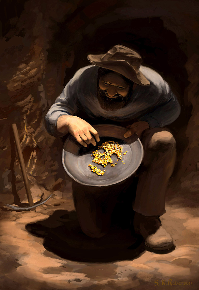 gold miner cave skull klondike pickaxe lighting digital painting