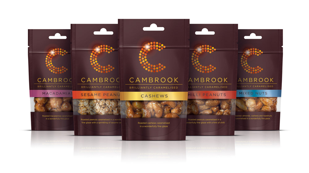 cambrook  caramelised nuts  Packaging  branding  identity  web design  logo design  print