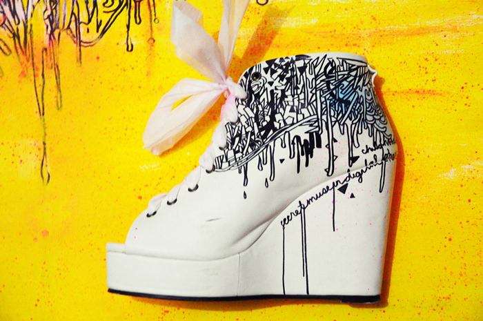 shoes Wedges traditional ink paint women heels pumps pink blue White ribbons girl surreal abstract doodle Flowers pgda 2011 applied art satin noose sunday booze dopanine graphic sharpie Marker spray paint