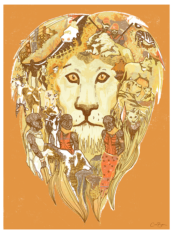 printmaking conservation lion Leo prints fine art illustrated linework color