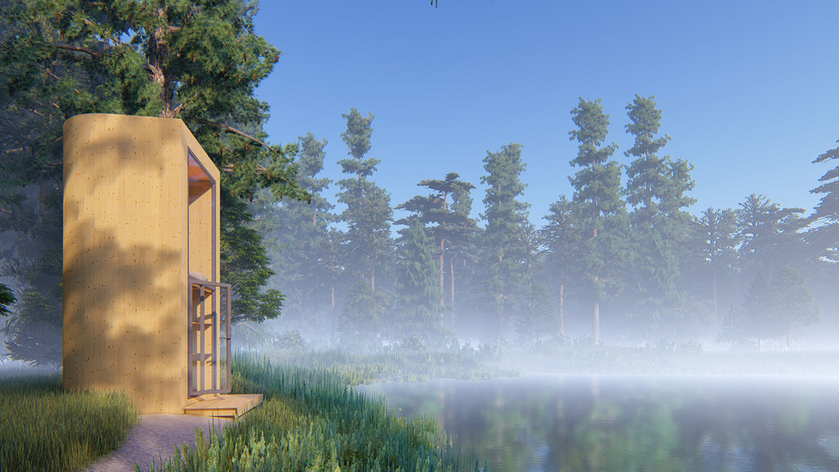 meditation cabin Competition wood active building design Latvia Ozolini forest cabins