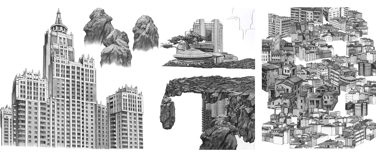 architecture Drawing  ILLUSTRATION  Landscape car pencil scetch collage city workprocess