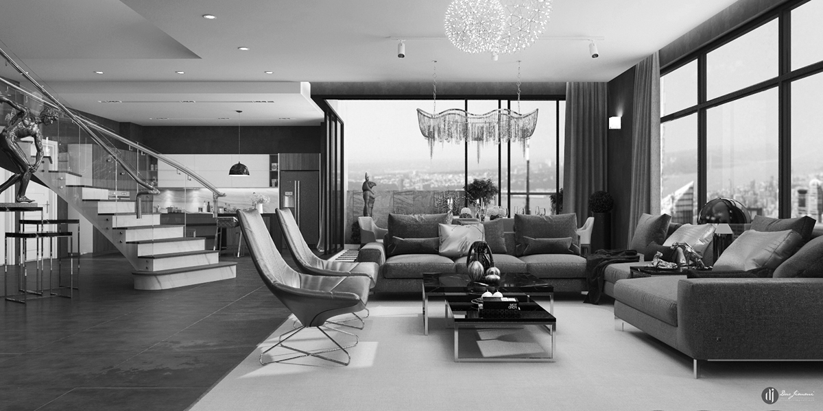 Interior design concept livingroom kitchen rendering visualazion