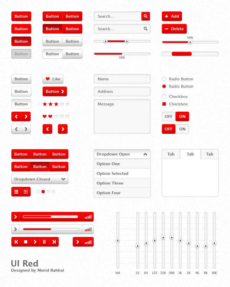 UI ux user interface buttons drop down arrow checkbox radio button red grey gradient White clean Pixel Perfect