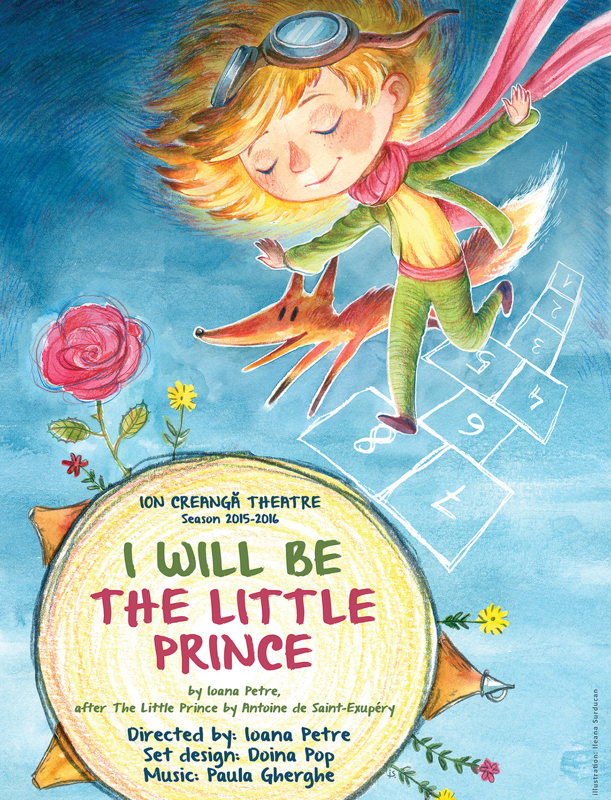 watercolor children The Little Prince Theatre play hand drawn planet FOX rose