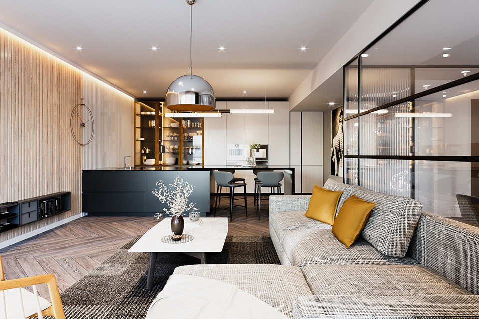 interior design  kitchen living room Render visualization 3ds max vray modern architecture design