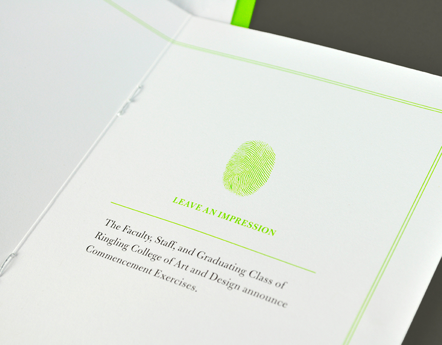 Adobe Portfolio ringling college commencement Commencement 2014 print green deboss Paper impression impressions fingerprint make an impression announcement Invitation graduation