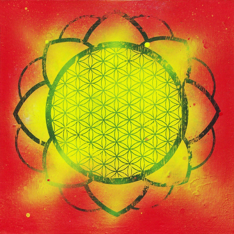 Mandala art warm color flower of life acrylic spray paint TRANSFER mixed media