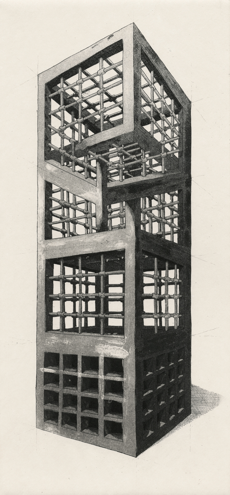 housing estate tower block geometry of living printmaking impossible figure illusion rubik's cube cage labirynth sketch etching aquatint council estate Impossible object