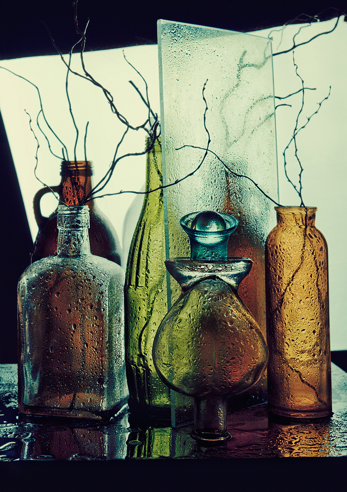 glass bottle drops water still life twigs Indoors
