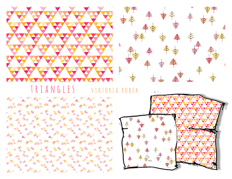 pattern SurfacePattern surfacepatterndesign triangle Triangles repeatingpattern repeat pink yellow textile fabric watercolour geometric