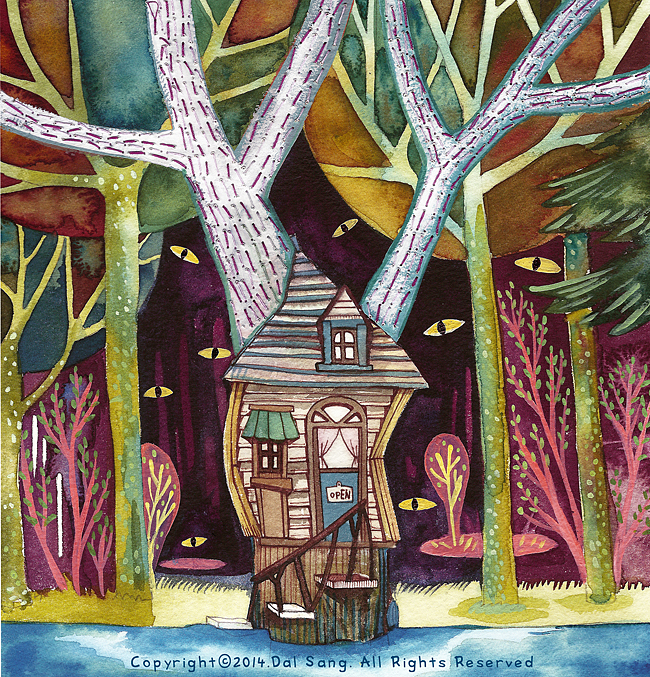 Dal sang tree house DANCE   Cat gloomy drum sea sleep planet shell acrylic gouache watercolor