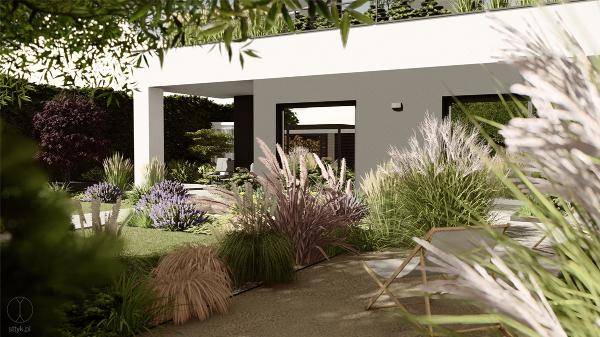 aranżacja tarasu exterior design ogród naturalistyczny ogród nowoczesny pergola w ogrodzie plaża w ogrodzie pracownia sttyk projekt ogrodu projekt tarasu trawy w ogrodzie