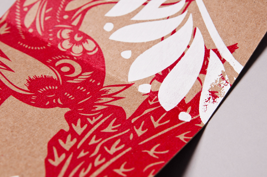 Baby Shower Invitation screen printed handmade bunny rabbit chinese new year postcard craft paper White red