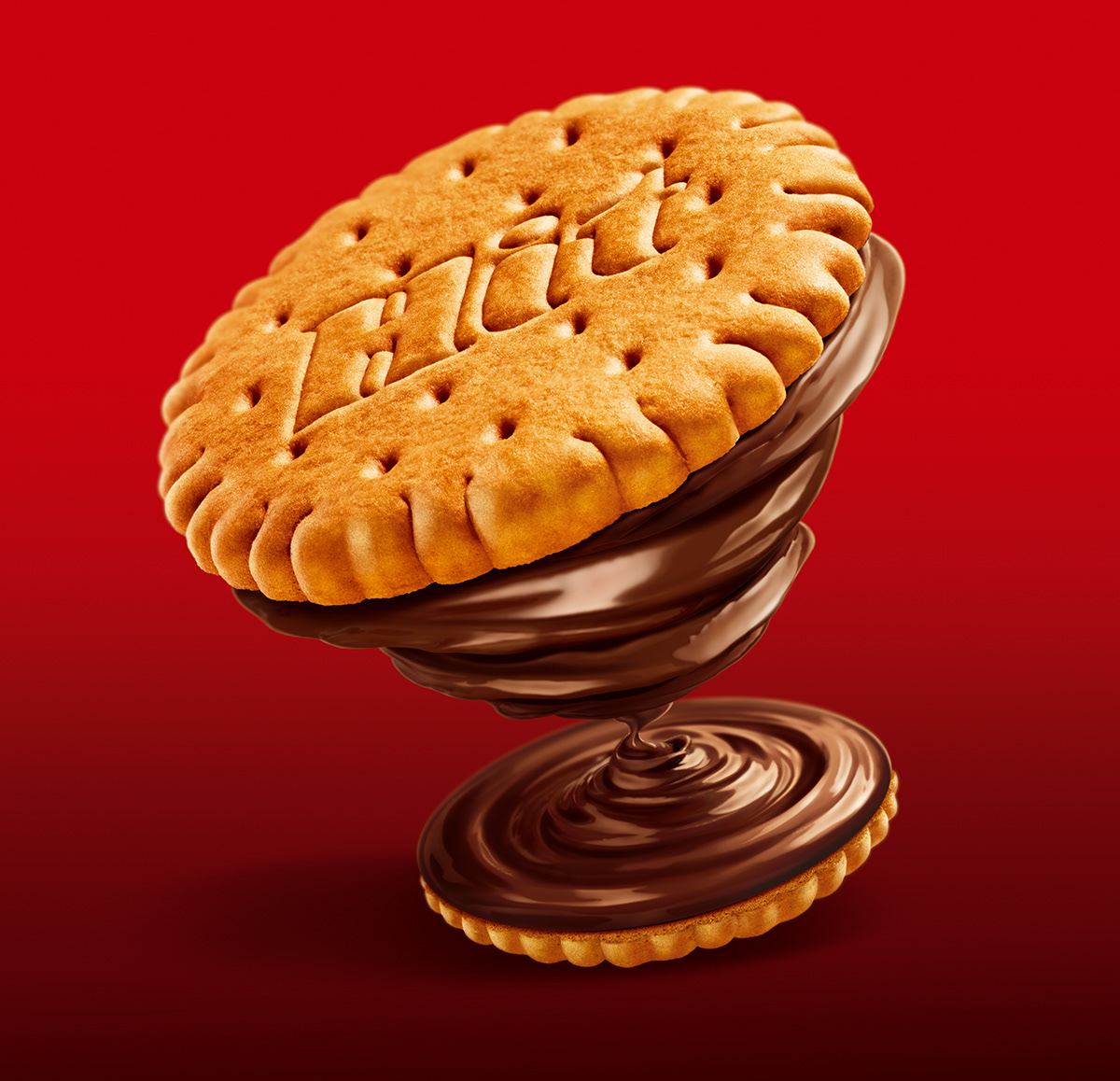 Hit light biscuit cookie with dark chocolate filling in a swirl shape.