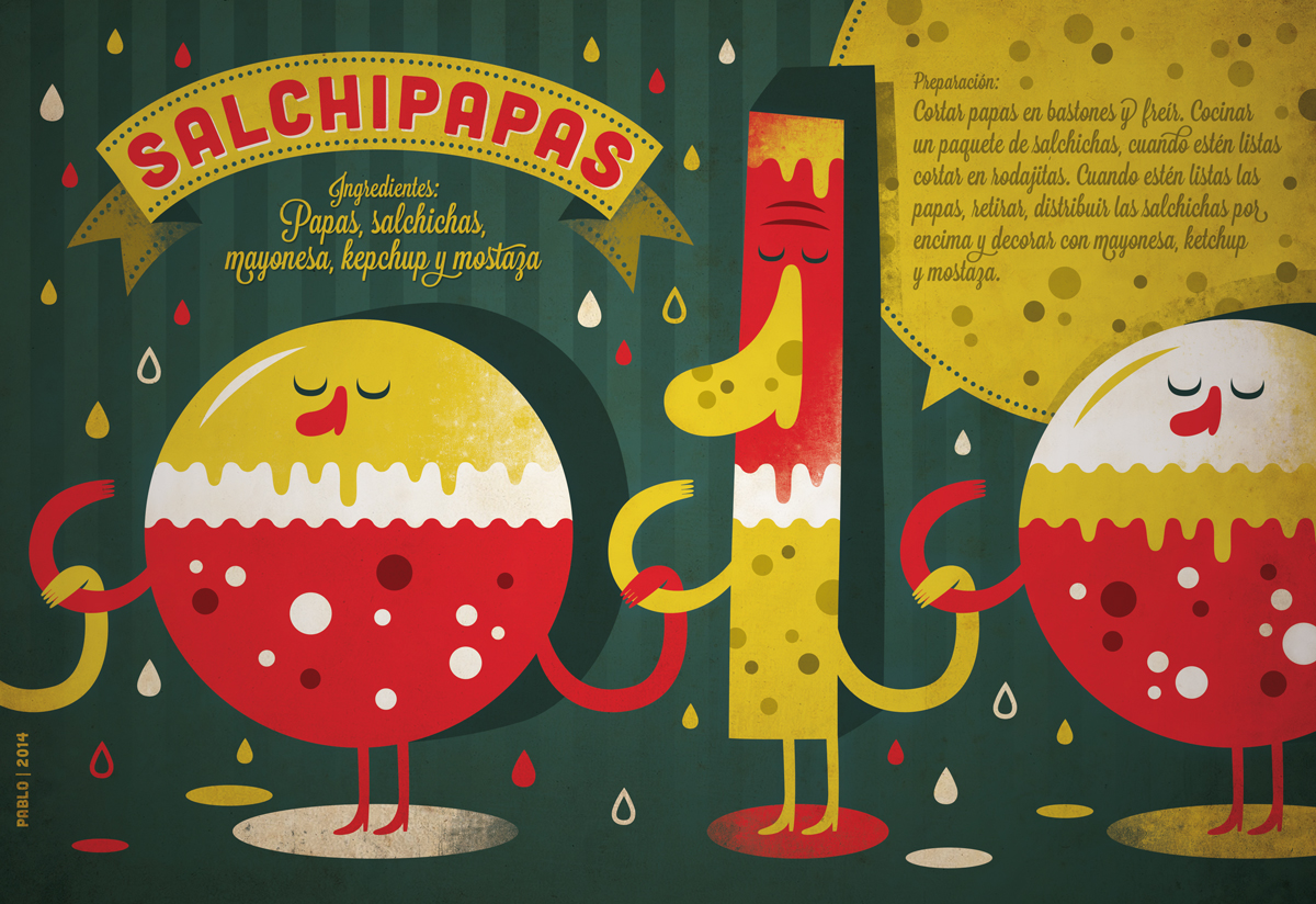 recetas SALCHICHAS papas mayonesa ketchup mostaza ilustracion