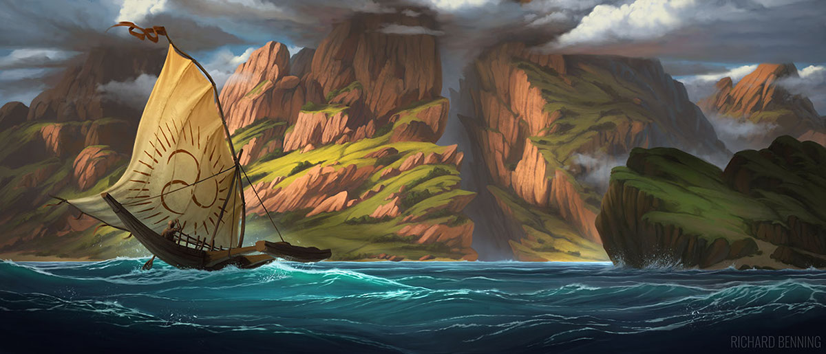 fantasy Landscape environment concept art boat Ocean cliffs sailing