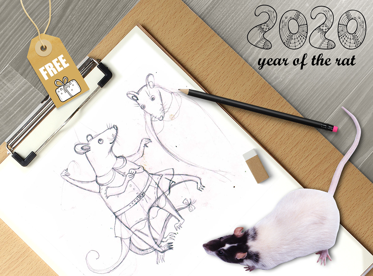 rat chinese new year Contour outline coloring book animal black free download cute