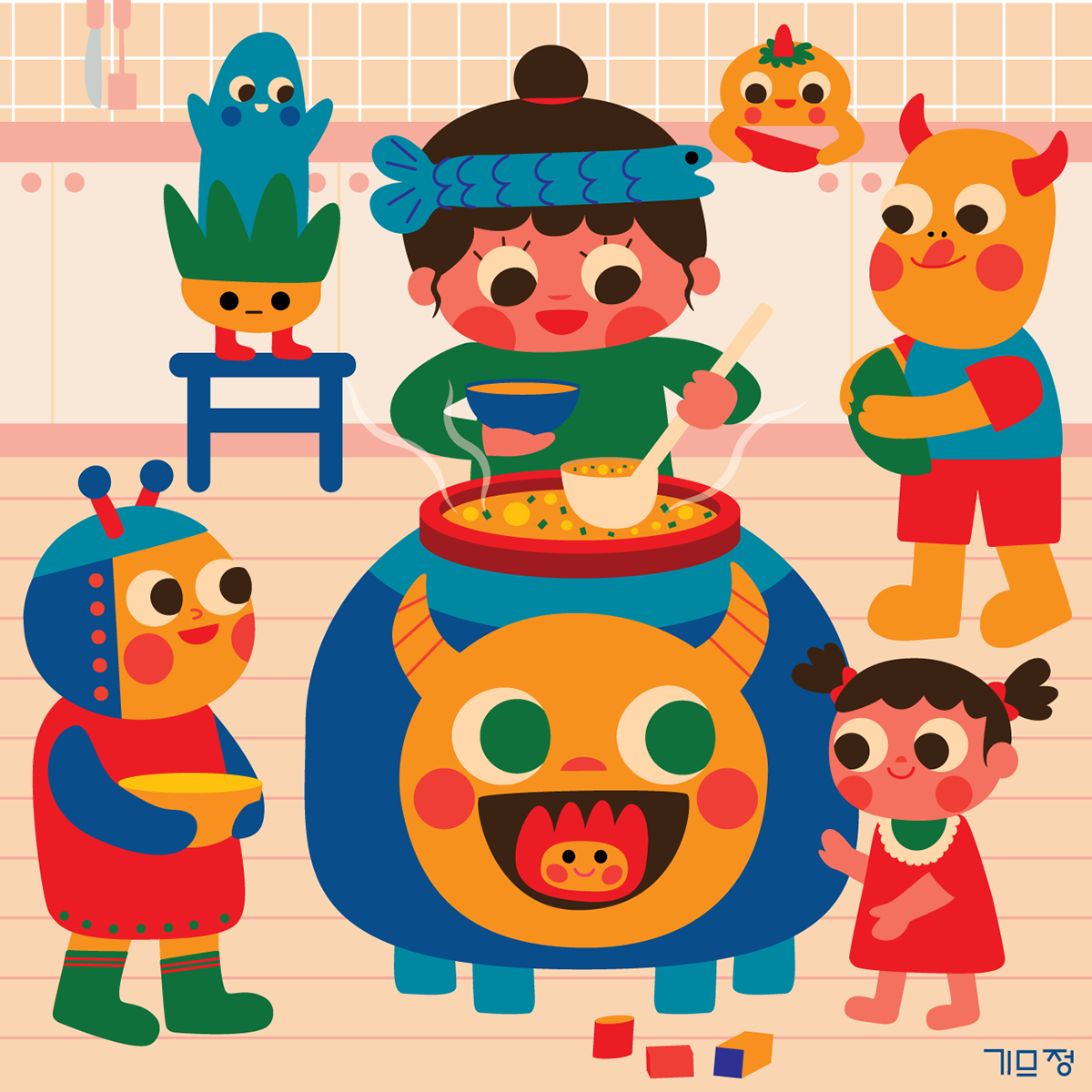 share Food  friends monster kid Soup toy children kawaii vector