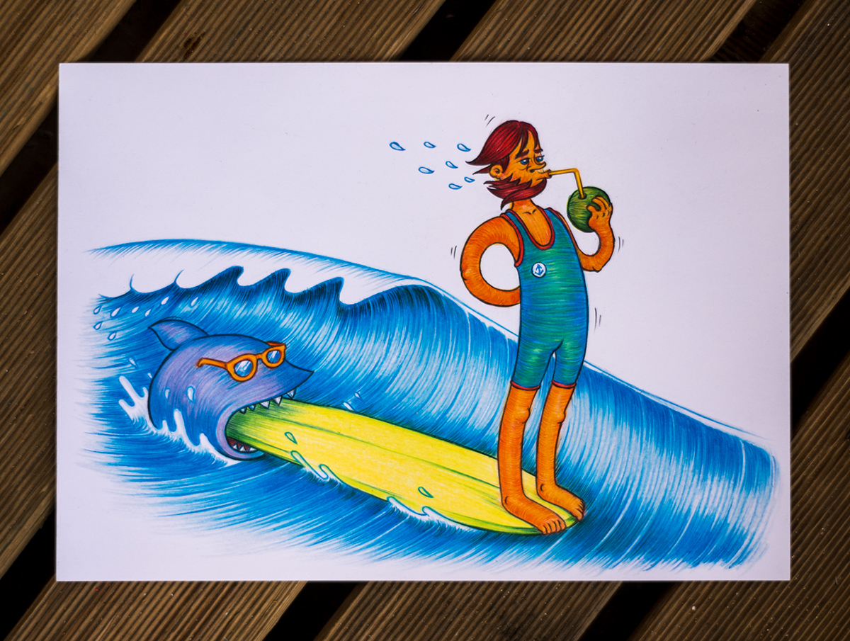 Surf skate cowboy LONGBOARD shark wave pencils colors hat Mexican