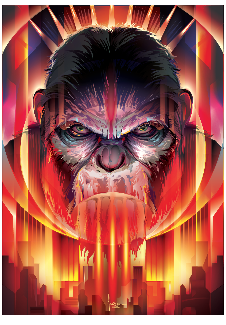 vector Illustrator arocena planetoftheapes apes movie poster gradients DAWN city popdeco pop eyes fiery