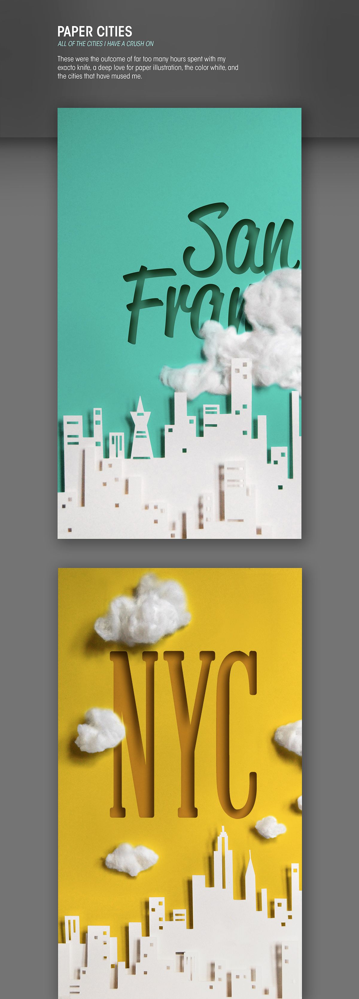 paper New York san francisco chicago White cut paper Paper Illustration Cities type clouds paper cities Ali Prater white on white clean simple