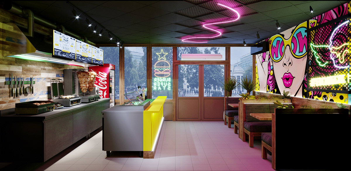 burger burgerna cafedesign   Fast food neon lights neon sign popart restoran streetfood yellowdesign