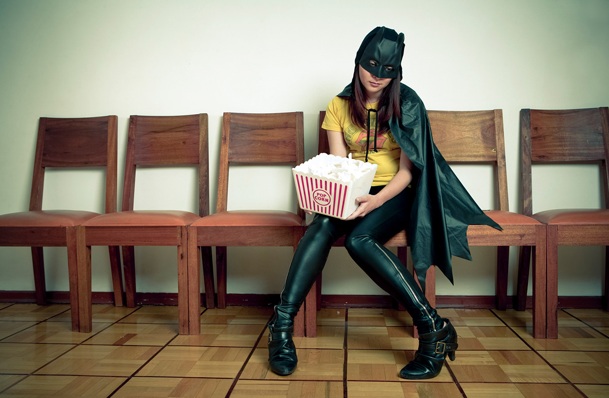 chairs  batgirl  stoodup  tissues  popcorn Caos perfect costume  bat  jump Sadness cape mask