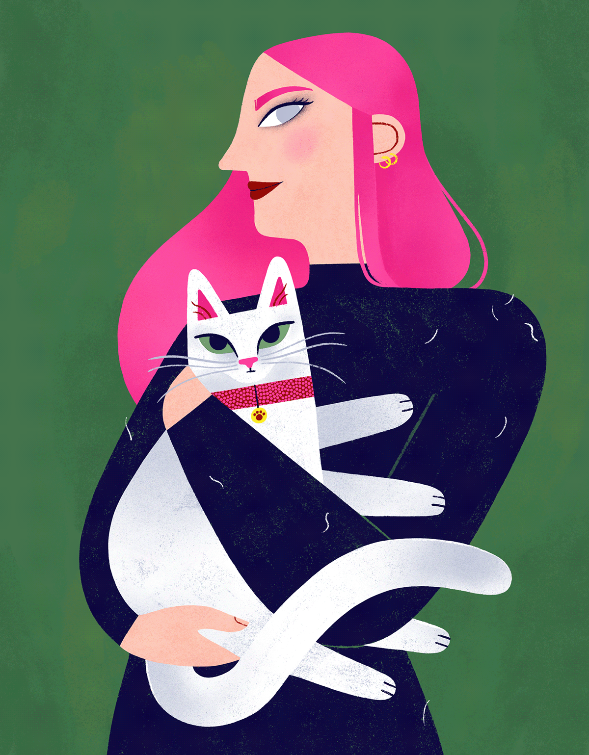 Cat woman portrait pink green Pet people modern stylized feline
