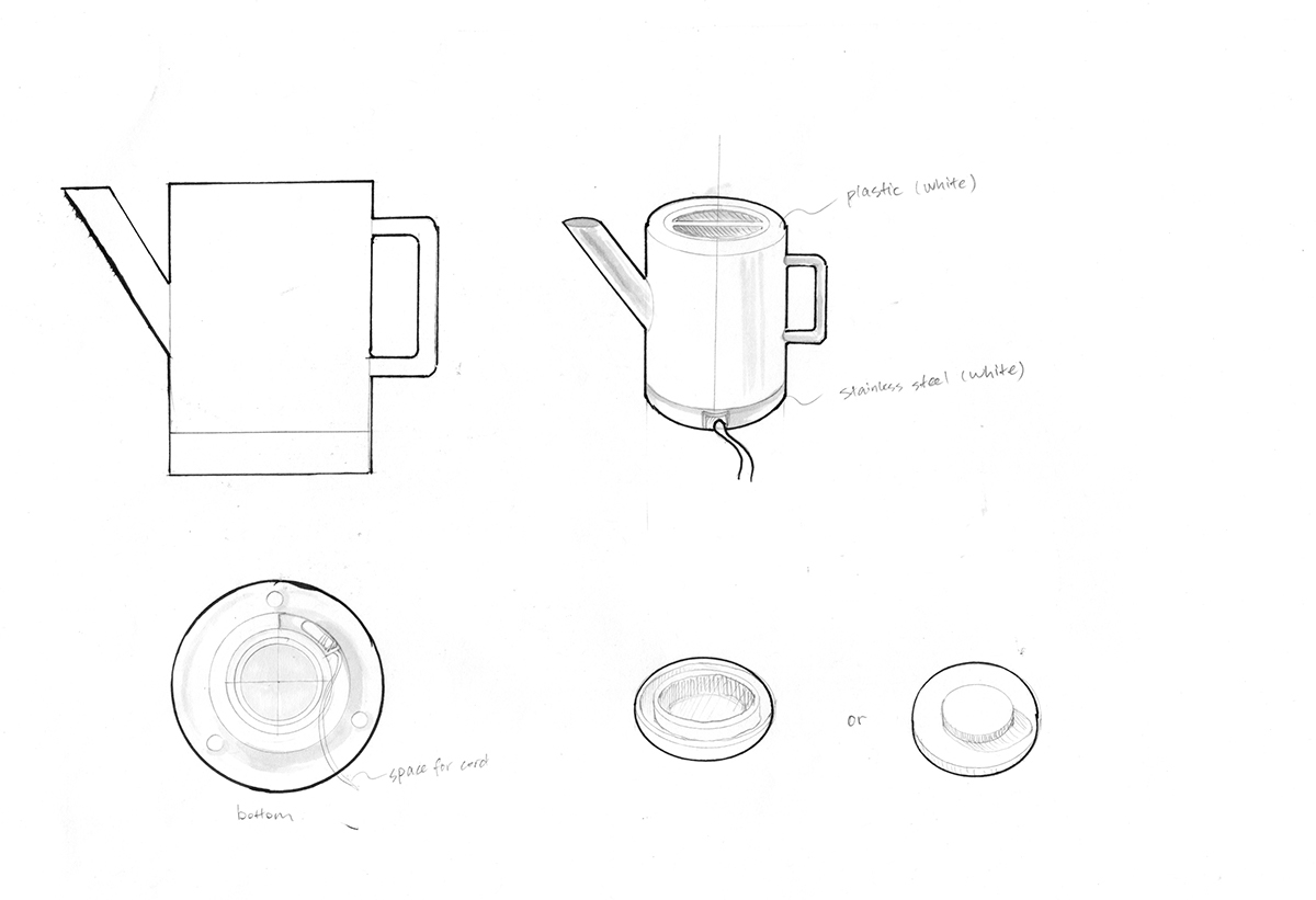 muji kettle electric kettle home goods simplistic minimal White wood 3dprinting cad rendering sketches process model prototypying