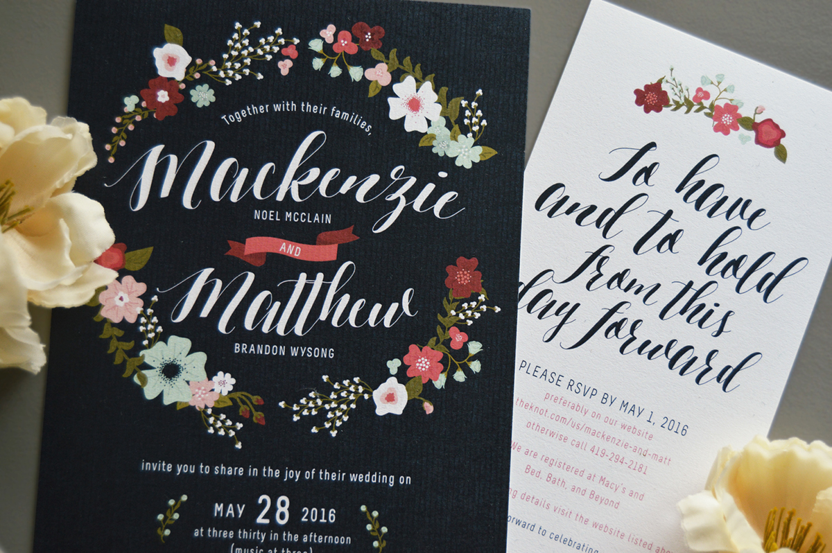wedding Invitation Flowers floral navy mint coral Script